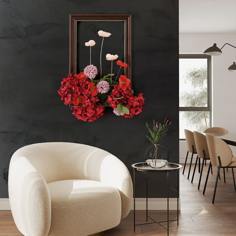 HMR - Vintage Red Fake Flower Arrangements Wall Hanging Decoration Artificial Silk Flower