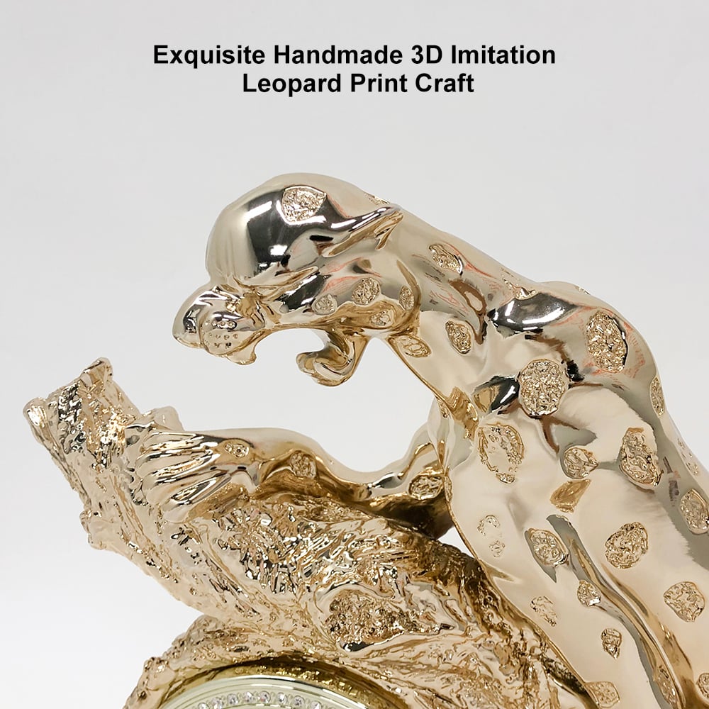 HMR - Gold Electroplating Cheetah Mute Imitation Diamond Resin Table Clock Home Decoration