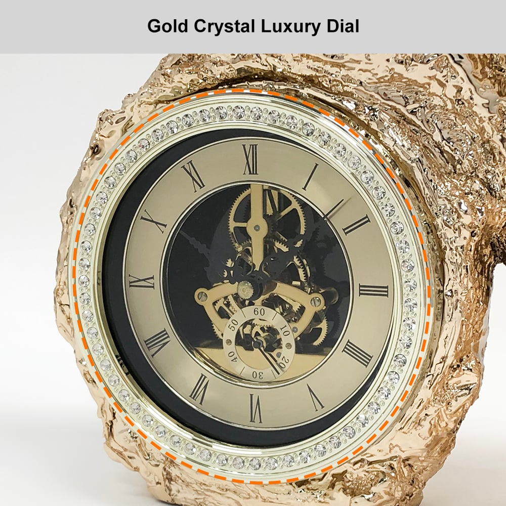 HMR - Gold Electroplating Cheetah Mute Imitation Diamond Resin Table Clock Home Decoration