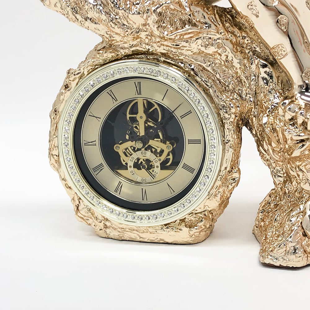 HMR - Gold Electroplating Cheetah Mute Imitation Diamond Resin Table Clock Home Decoration