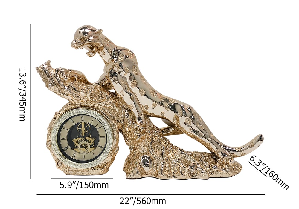 HMR - Gold Electroplating Cheetah Mute Imitation Diamond Resin Table Clock Home Decoration