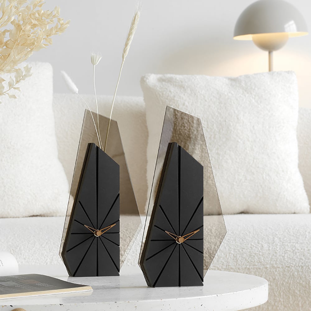 HMR - Modern Wood Black Abstract Geometry Mantel & Table Top Clock