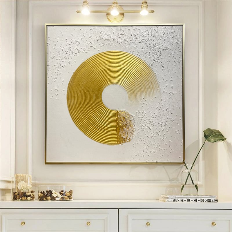 HMR - 3D Modern White Gold Wall Decor Art Textured Canvas Oil Painting with Frame Living Room