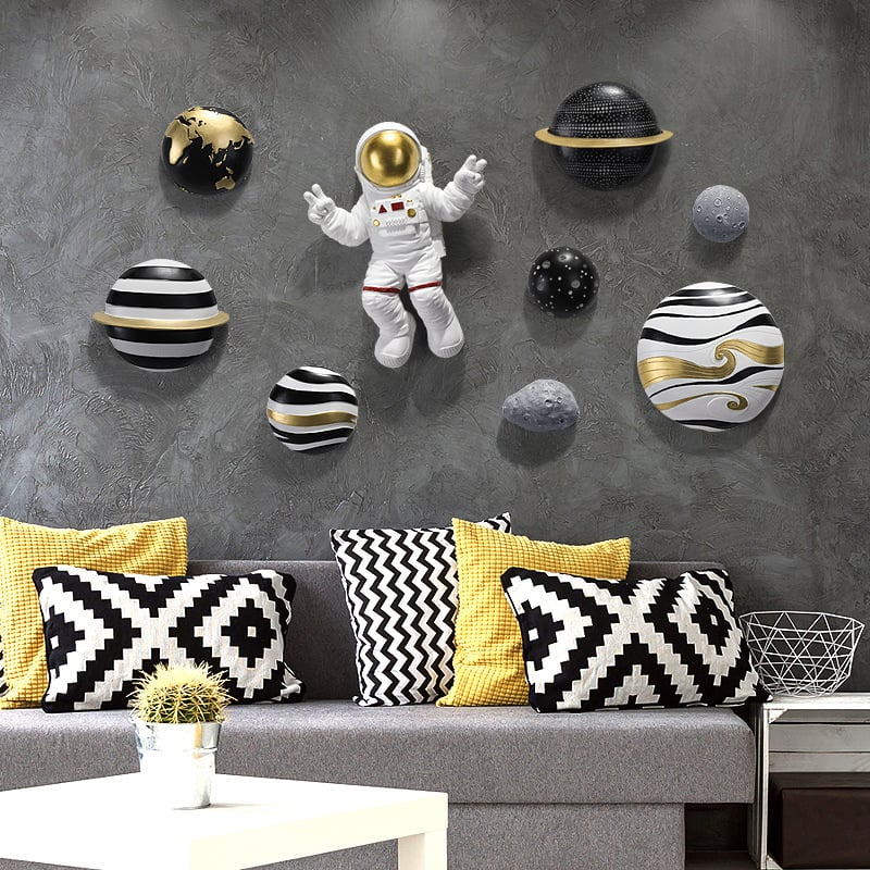 HMR - 9-Pieces Art Deco Astronaut Planet Wall Decor Hanging Resin Person Sculpture Statue Set