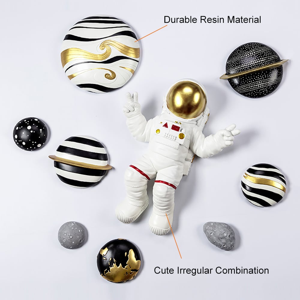 HMR - 9-Pieces Art Deco Astronaut Planet Wall Decor Hanging Resin Person Sculpture Statue Set