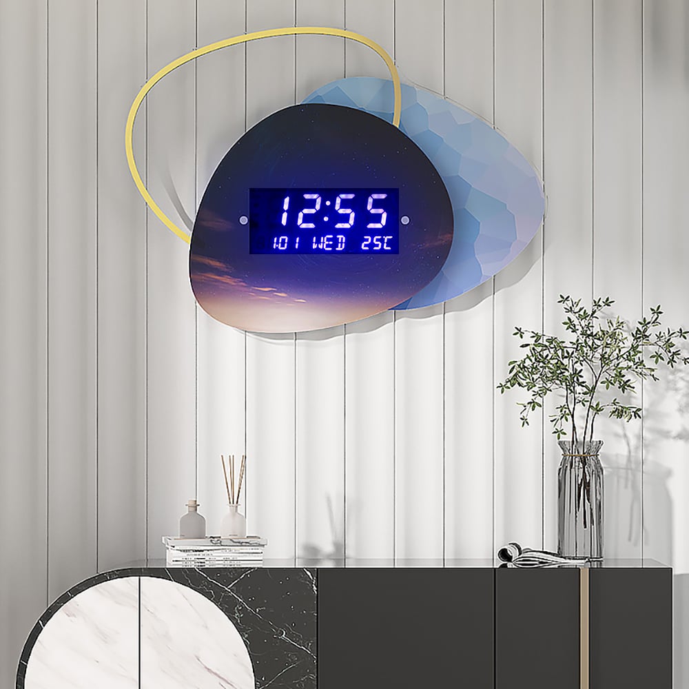 HMR - 18.9" LED Digital Display Wall Clock Modern Acrylic Abstract Star Decor Art Living Room