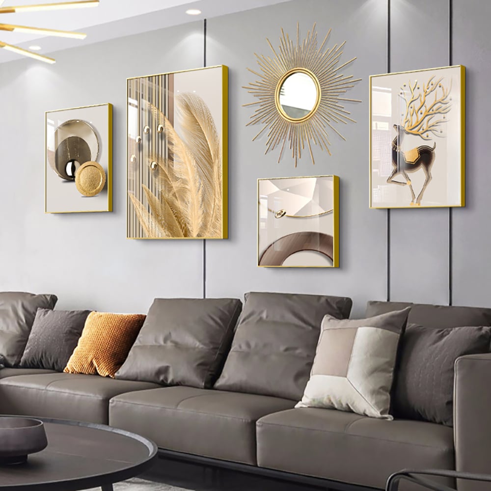 HMR - 5-Piece Wall Art Set with Golden Accents Modern Abstract Designs for Luxurious Home Deco