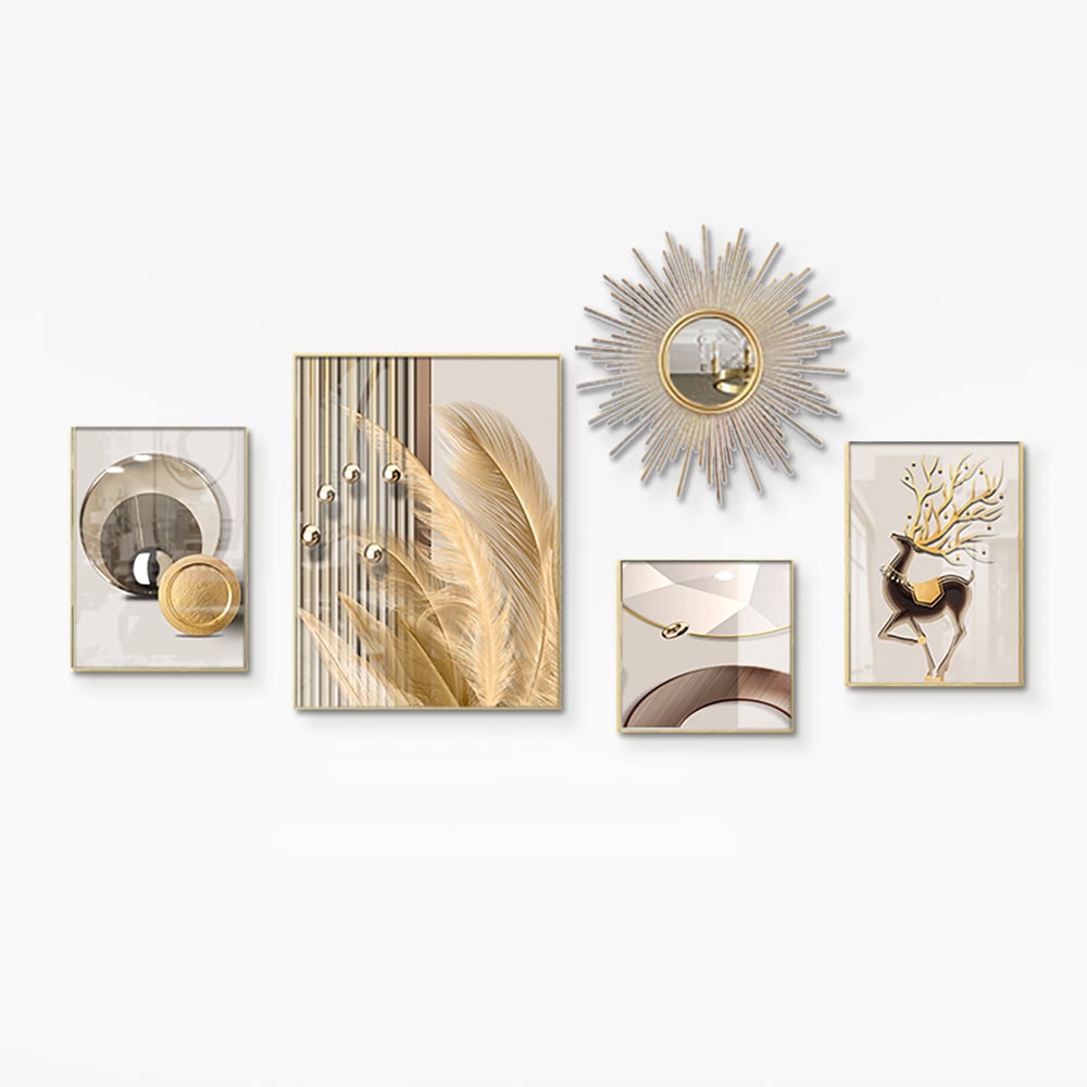 HMR - 5-Piece Wall Art Set with Golden Accents Modern Abstract Designs for Luxurious Home Deco