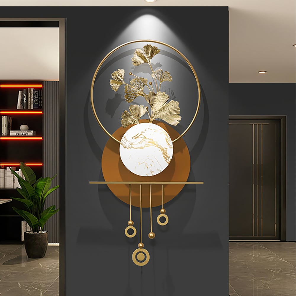 HMR - 46.5" Modern 3D Golden Metal Ginkgo Leaf Geometric Wall Art with Marble Accent