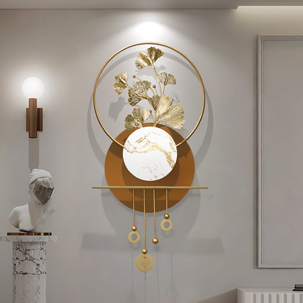 HMR - 46.5" Modern 3D Golden Metal Ginkgo Leaf Geometric Wall Art with Marble Accent