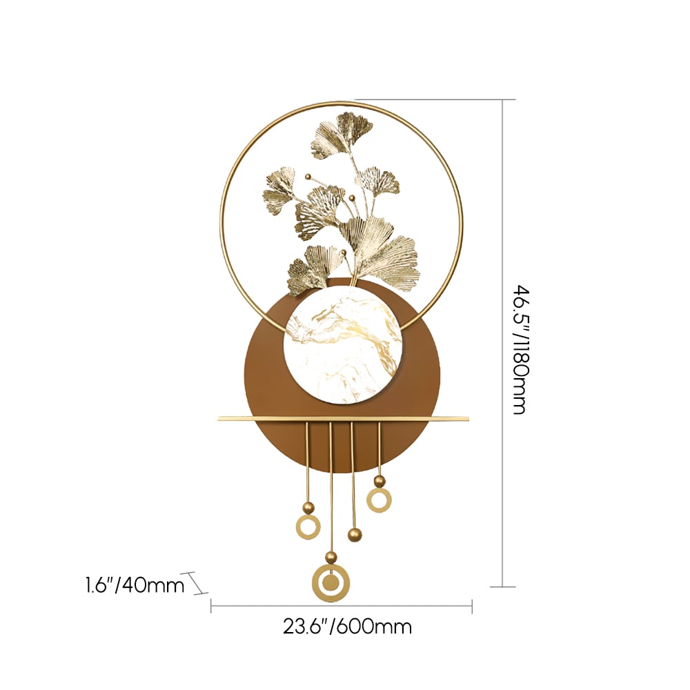 HMR - 46.5" Modern 3D Golden Metal Ginkgo Leaf Geometric Wall Art with Marble Accent