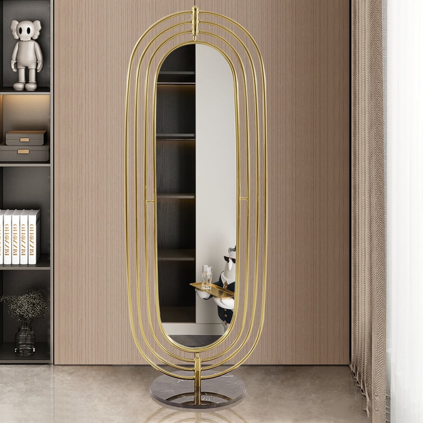 HMR - 66.9" Oversized Oval Full Length Standing Floor Mirror Decor in Gold with Marble Base
