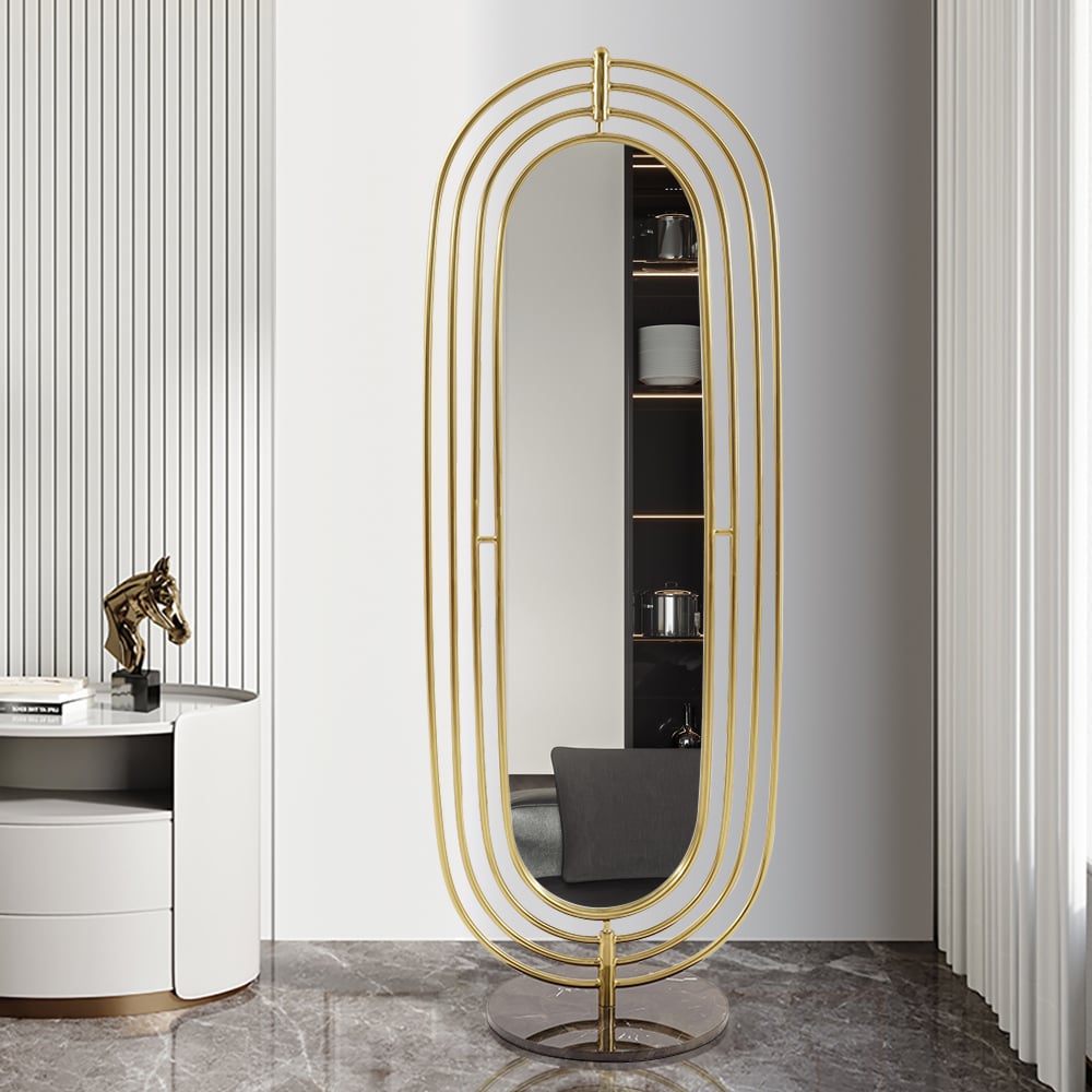 HMR - 66.9" Oversized Oval Full Length Standing Floor Mirror Decor in Gold with Marble Base