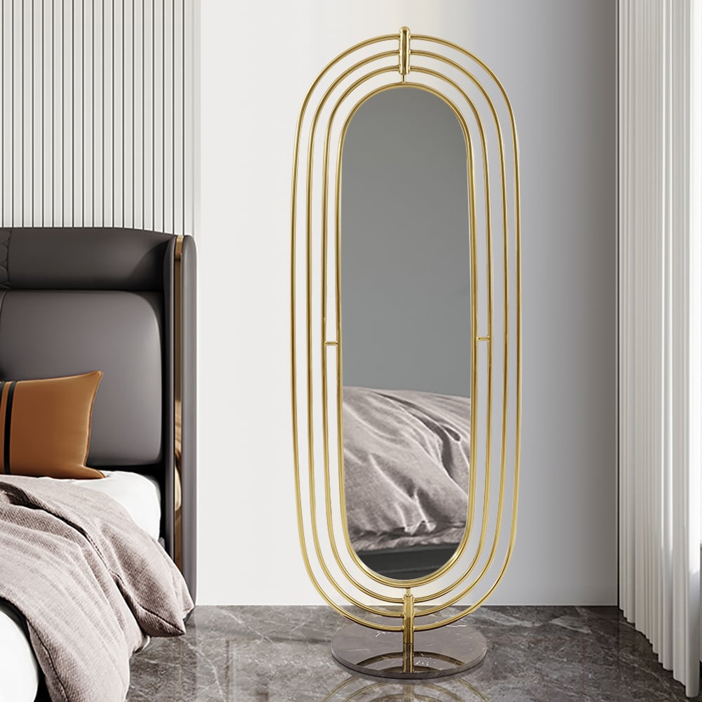HMR - 66.9" Oversized Oval Full Length Standing Floor Mirror Decor in Gold with Marble Base