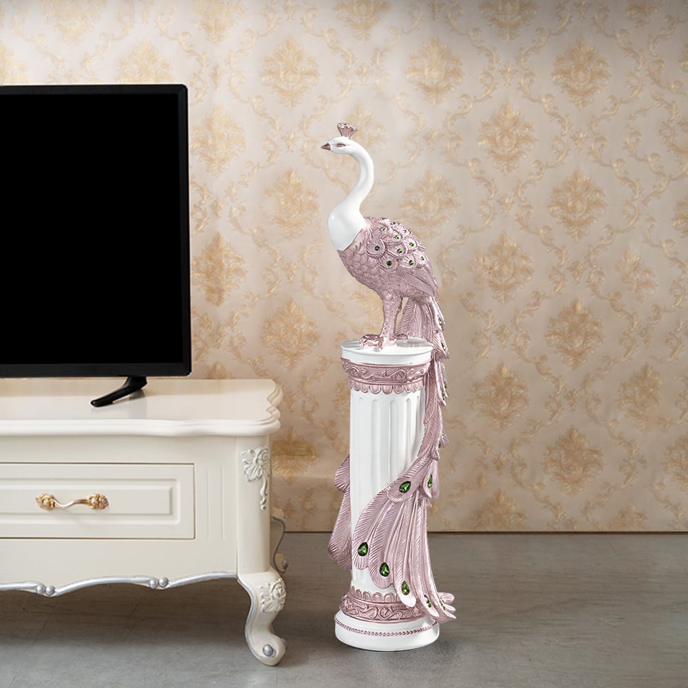 HMR 27.6" Large Glam Peacock Floor Sculpture Decor Art Living Room Bedroom - White & Pink