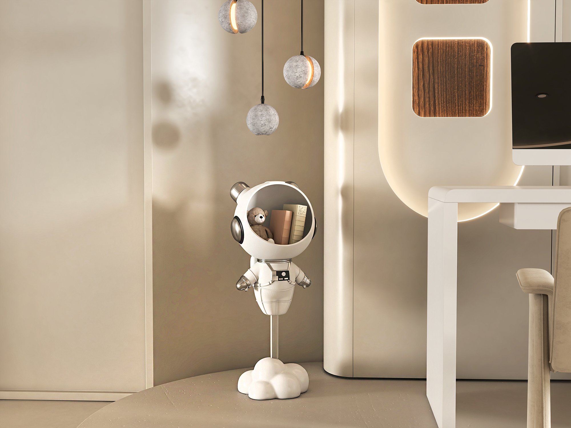 HMR Astronaut Resin Figurine Floating Side Table with Storage - White