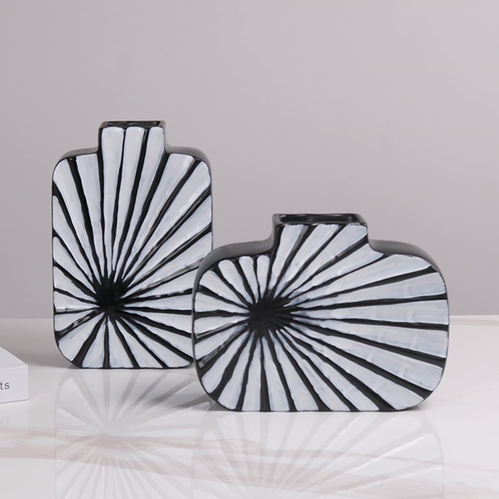 HMR - 2-Pieces Abstract White & Black Striped Resin Flower Vase Set Home Ornament Decor Art