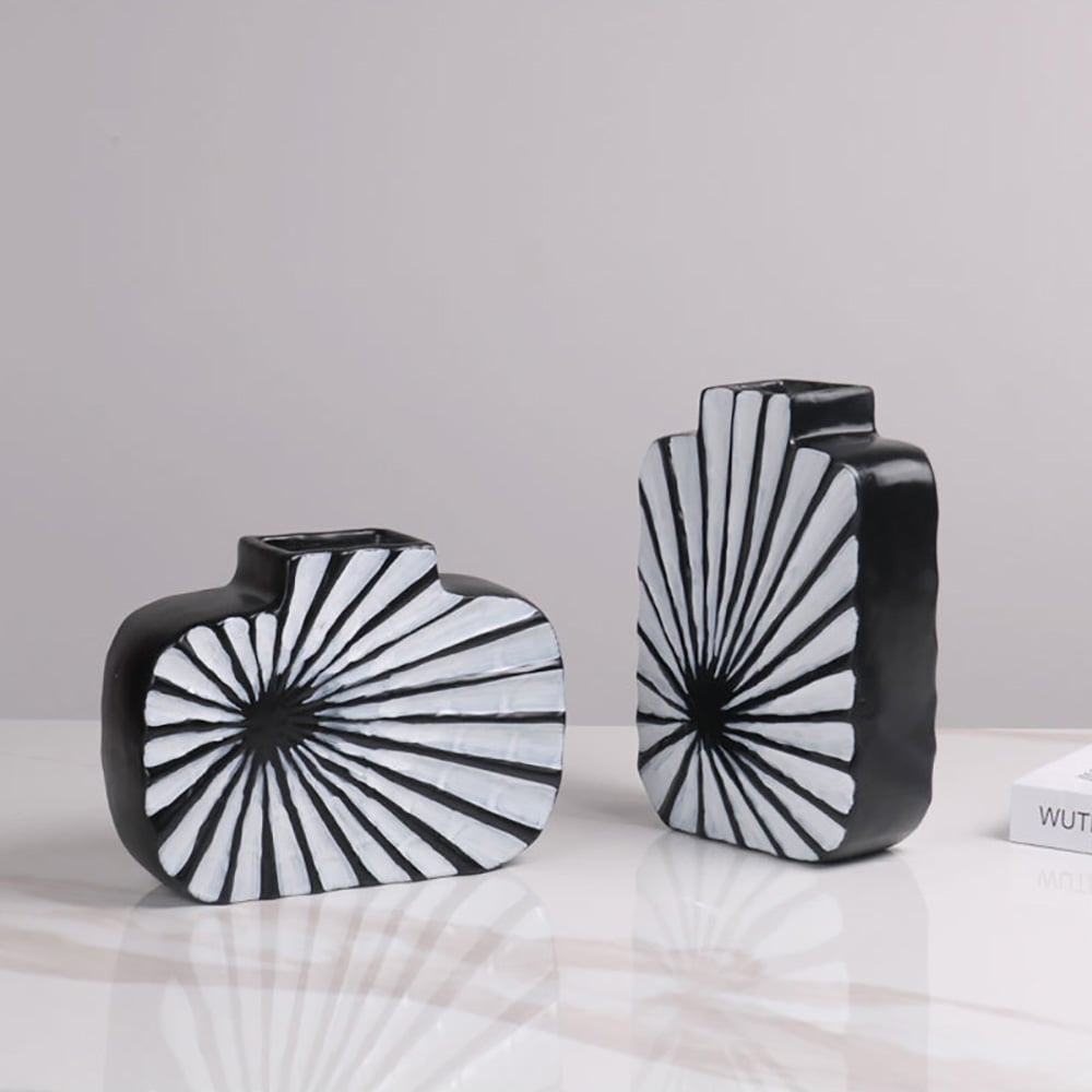 HMR - 2-Pieces Abstract White & Black Striped Resin Flower Vase Set Home Ornament Decor Art
