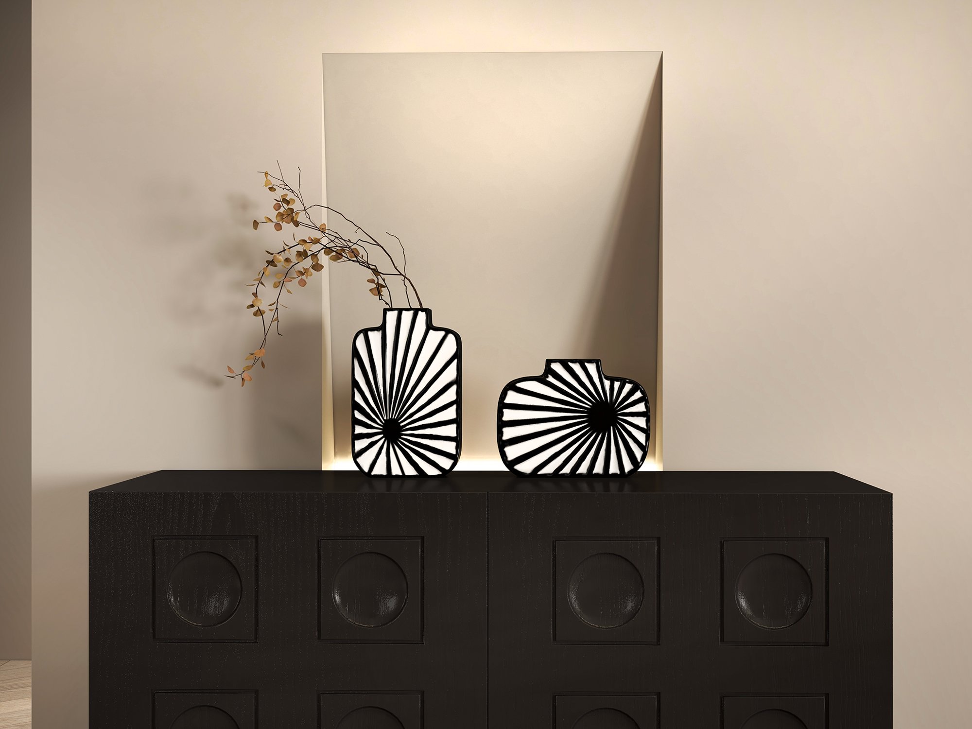 HMR - 2-Pieces Abstract White & Black Striped Resin Flower Vase Set Home Ornament Decor Art