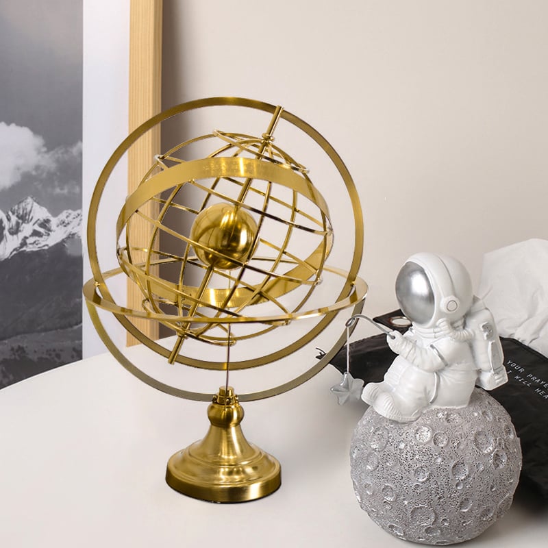 HMR - 15 inches Gold Globe Ornament Sculpture Modern Metal Geometric Figurine Table Decor Art