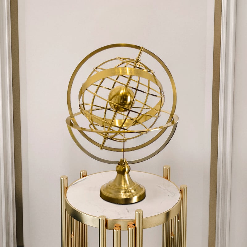 HMR - 15 inches Gold Globe Ornament Sculpture Modern Metal Geometric Figurine Table Decor Art