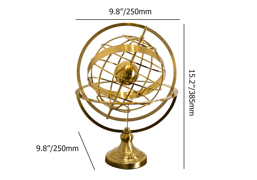 HMR - 15 inches Gold Globe Ornament Sculpture Modern Metal Geometric Figurine Table Decor Art