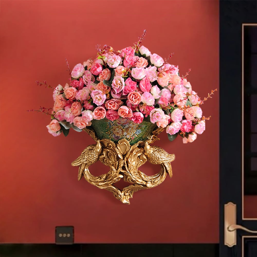 HMR - European Style Luxury Decorative Wall Flowers Carved Gold Artificial Flowers in Vase