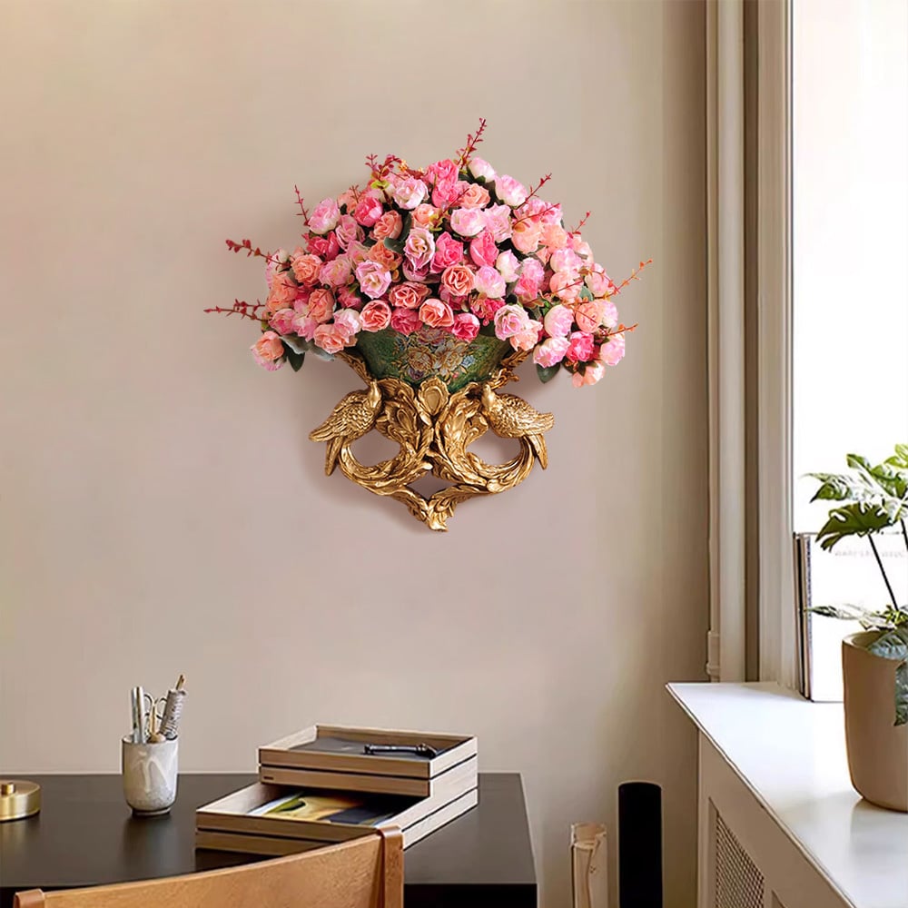 HMR - European Style Luxury Decorative Wall Flowers Carved Gold Artificial Flowers in Vase