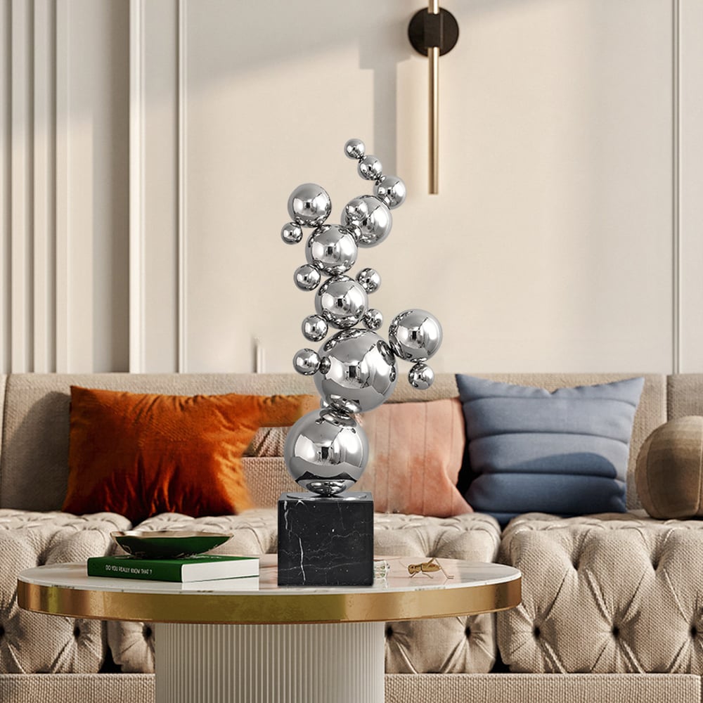 HMR - 24" Modern Abstract Geometric Ball Sculpture Art Ornament Stainless Steel & Marble Decor
