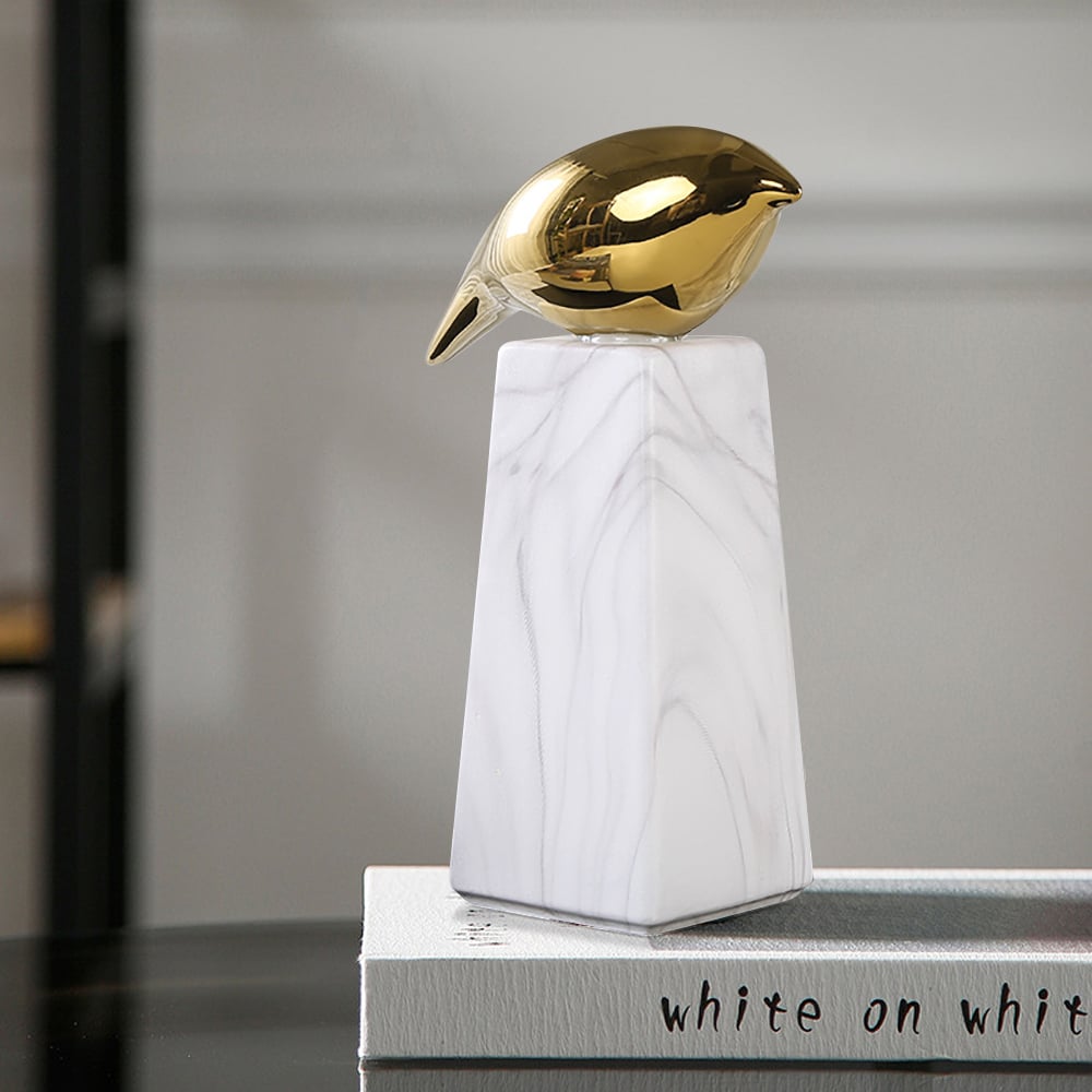 HMR - Modern White & Gold Ceramic Bird Ornament Sculpture Decor Animal Figurine Living Room