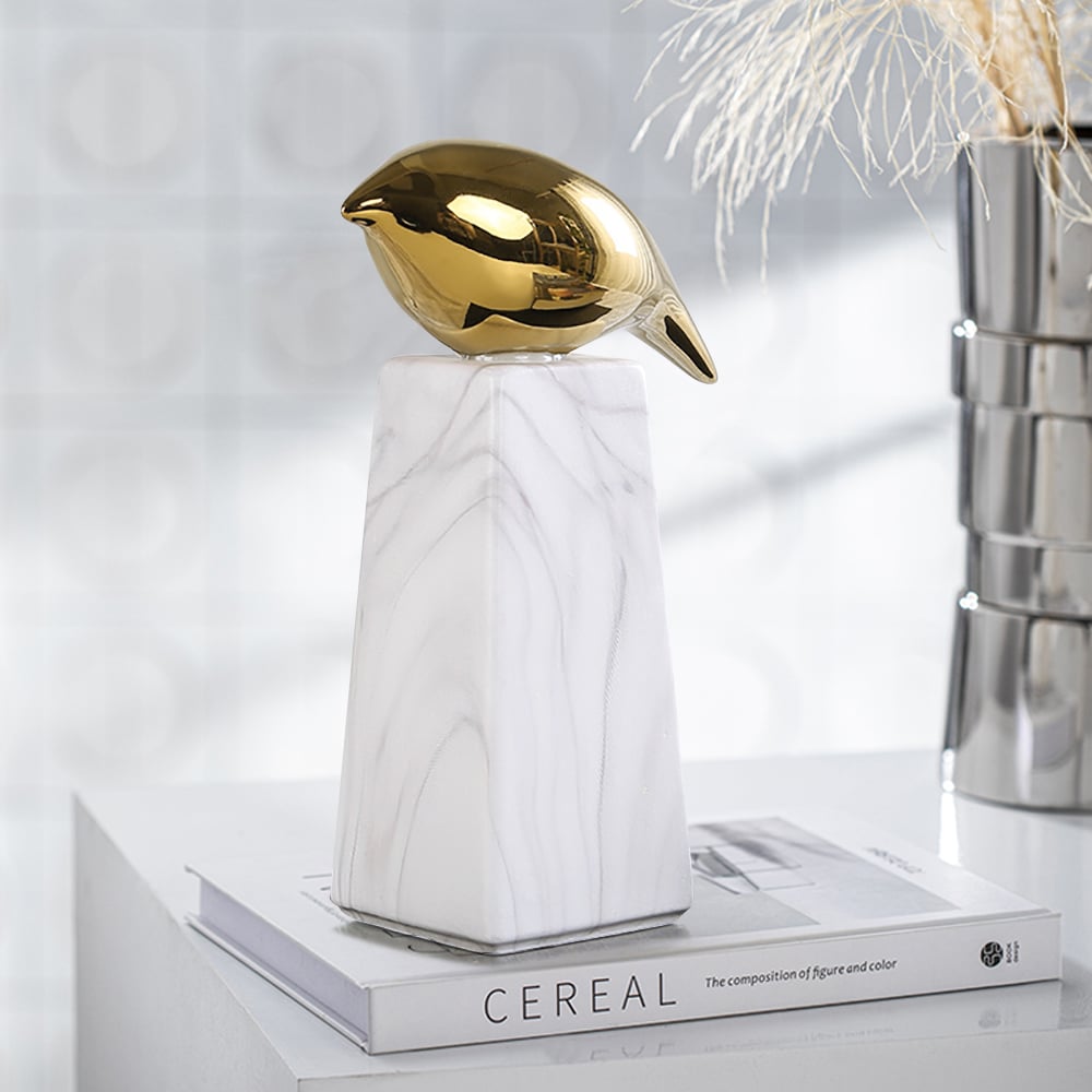 HMR - Modern White & Gold Ceramic Bird Ornament Sculpture Decor Animal Figurine Living Room