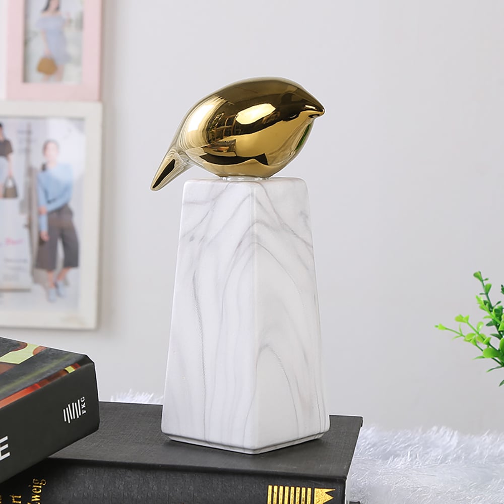 HMR - Modern White & Gold Ceramic Bird Ornament Sculpture Decor Animal Figurine Living Room