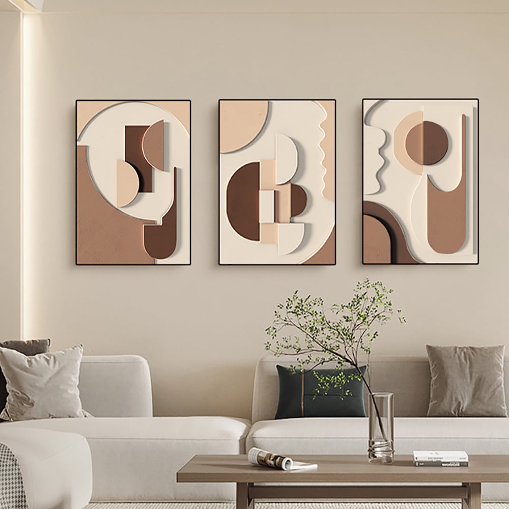 HMR - 3-Pieces Japandi Wall Decor for Living Room Abstract Art Print with Frame in Brown