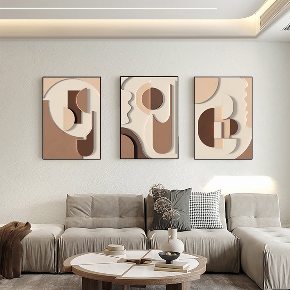 HMR - 3-Pieces Japandi Wall Decor for Living Room Abstract Art Print with Frame in Brown