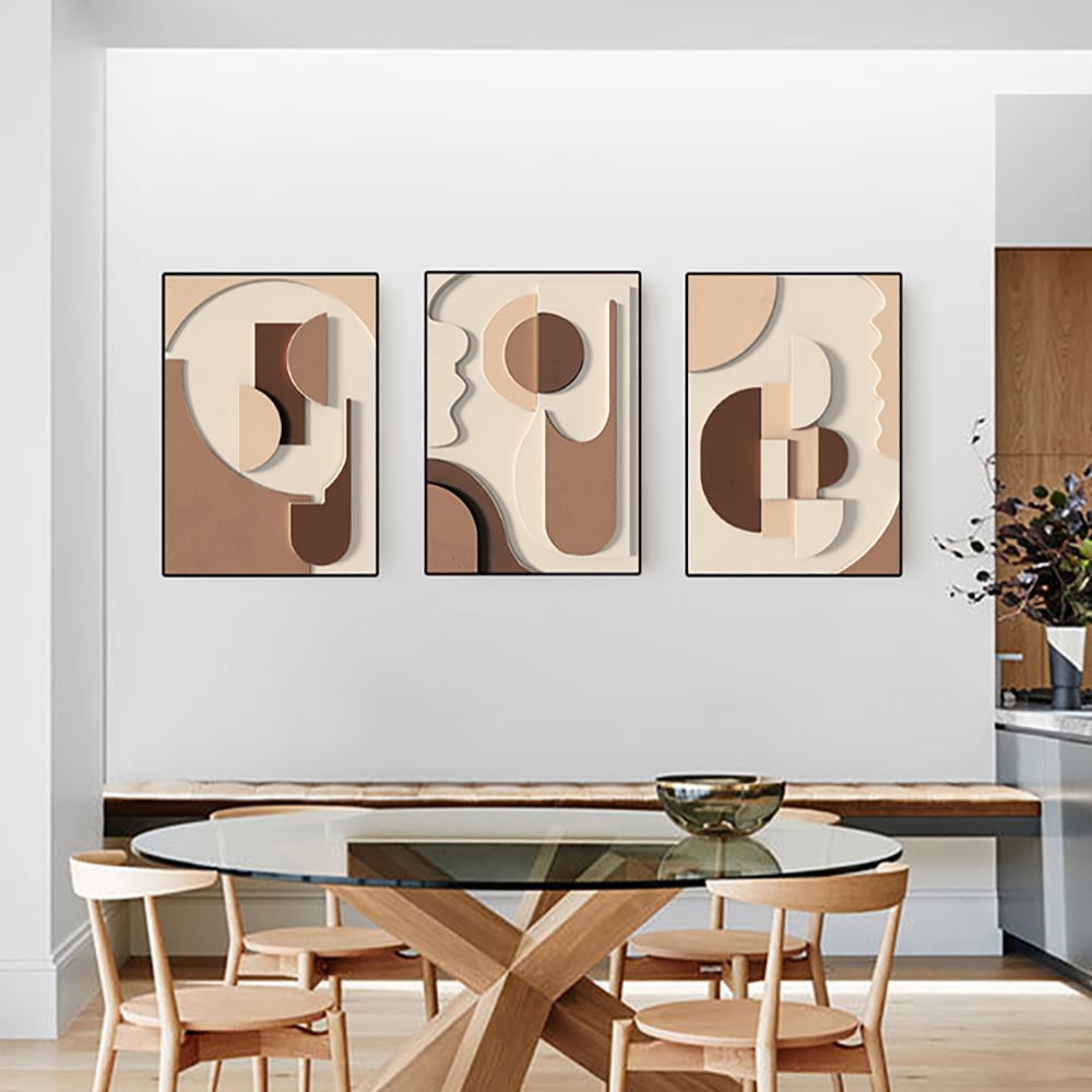 HMR - 3-Pieces Japandi Wall Decor for Living Room Abstract Art Print with Frame in Brown
