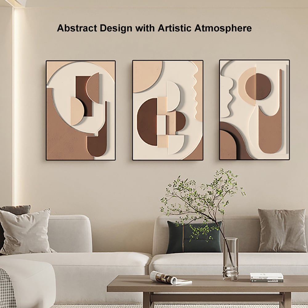 HMR - 3-Pieces Japandi Wall Decor for Living Room Abstract Art Print with Frame in Brown