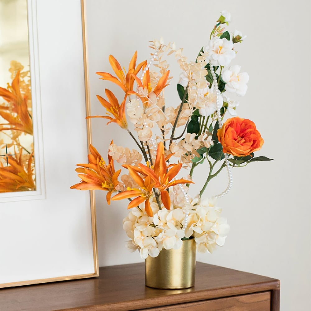 HMR - Orange Artificial Flowers in Vase Set Realistic Hydrangea Gold Ceramic Vase Home Decor