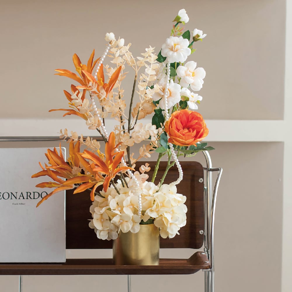 HMR - Orange Artificial Flowers in Vase Set Realistic Hydrangea Gold Ceramic Vase Home Decor