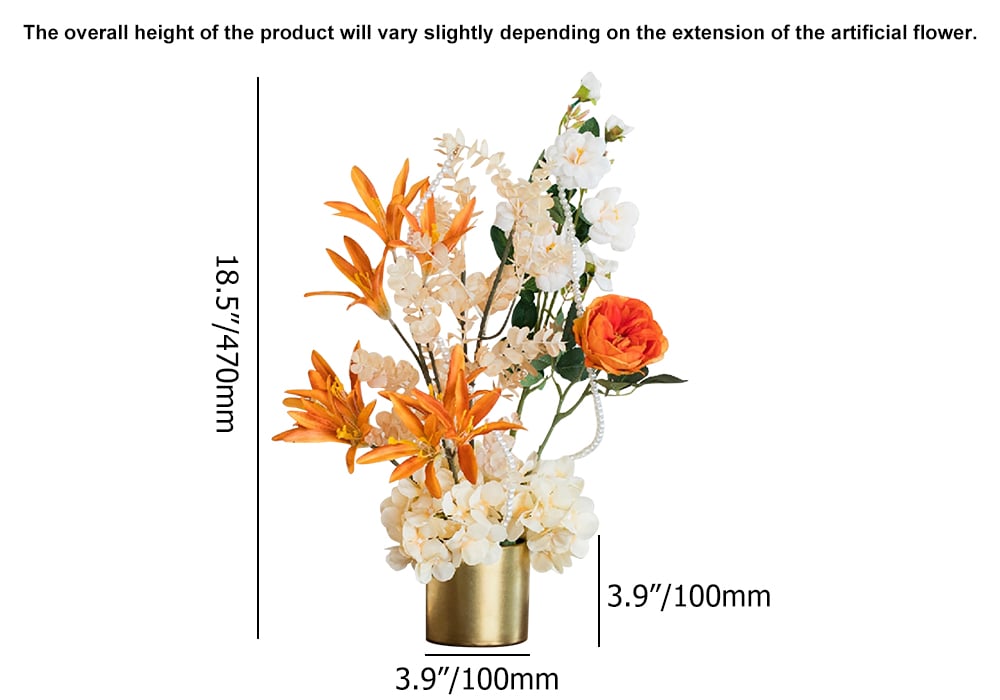 HMR - Orange Artificial Flowers in Vase Set Realistic Hydrangea Gold Ceramic Vase Home Decor