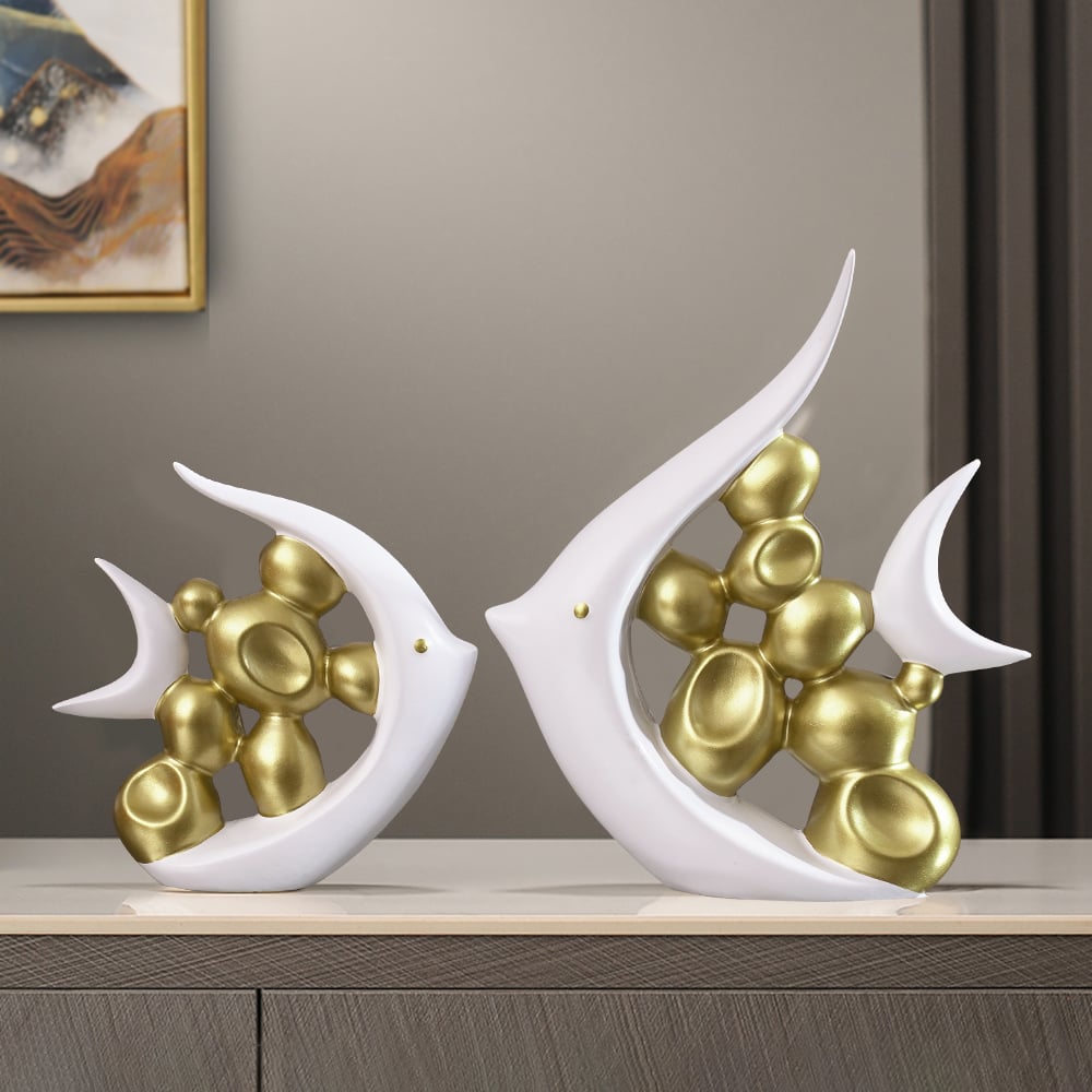 HMR - Matte Gold Pair of Fish Resin Ornaments White Artificial Plant Arrangement in Gold Vase