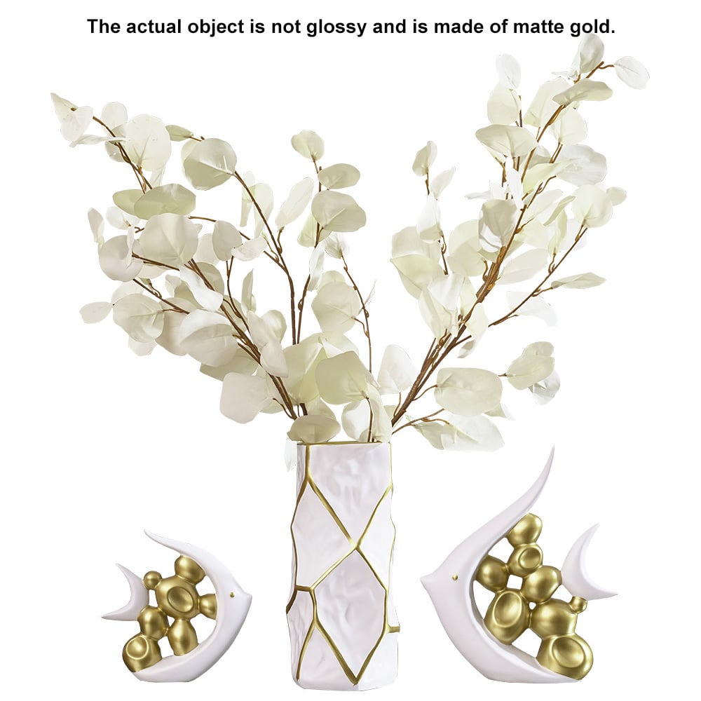 HMR - Matte Gold Pair of Fish Resin Ornaments White Artificial Plant Arrangement in Gold Vase