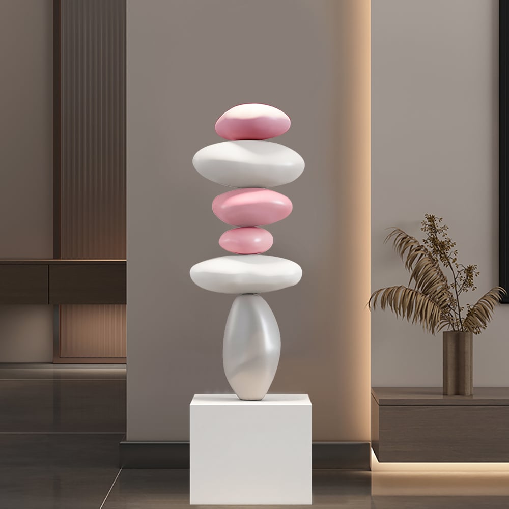 HMR - 30.7" Abstract Geometric Fiberglass & MDF Stacked Stone Floor Sculpture Light Decor Art
