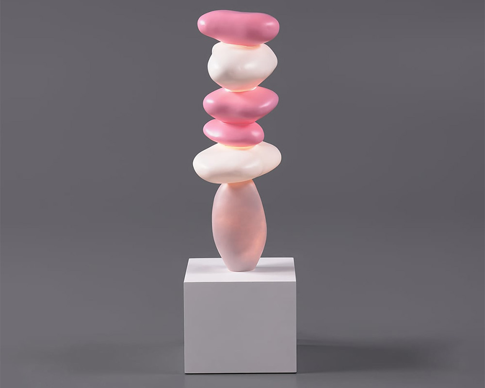 HMR - 30.7" Abstract Geometric Fiberglass & MDF Stacked Stone Floor Sculpture Light Decor Art