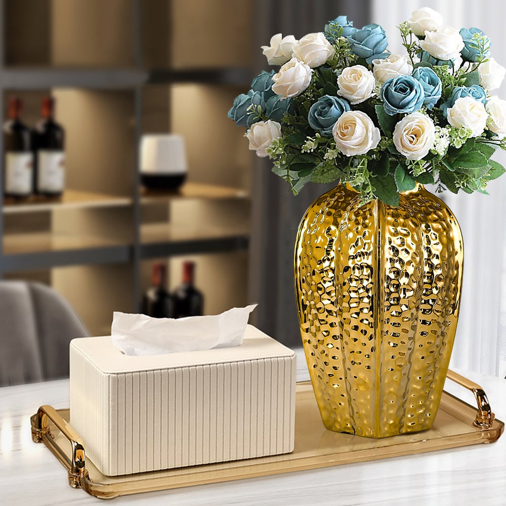 HMR - 11.8" Large Glam Gold Abstract Ceramic Flower Vase Living Room Bedroom Table