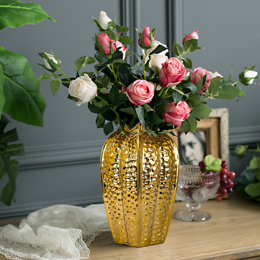 HMR - 11.8" Large Glam Gold Abstract Ceramic Flower Vase Living Room Bedroom Table