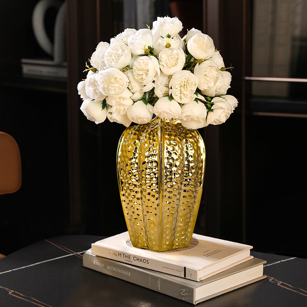 HMR - 11.8" Large Glam Gold Abstract Ceramic Flower Vase Living Room Bedroom Table