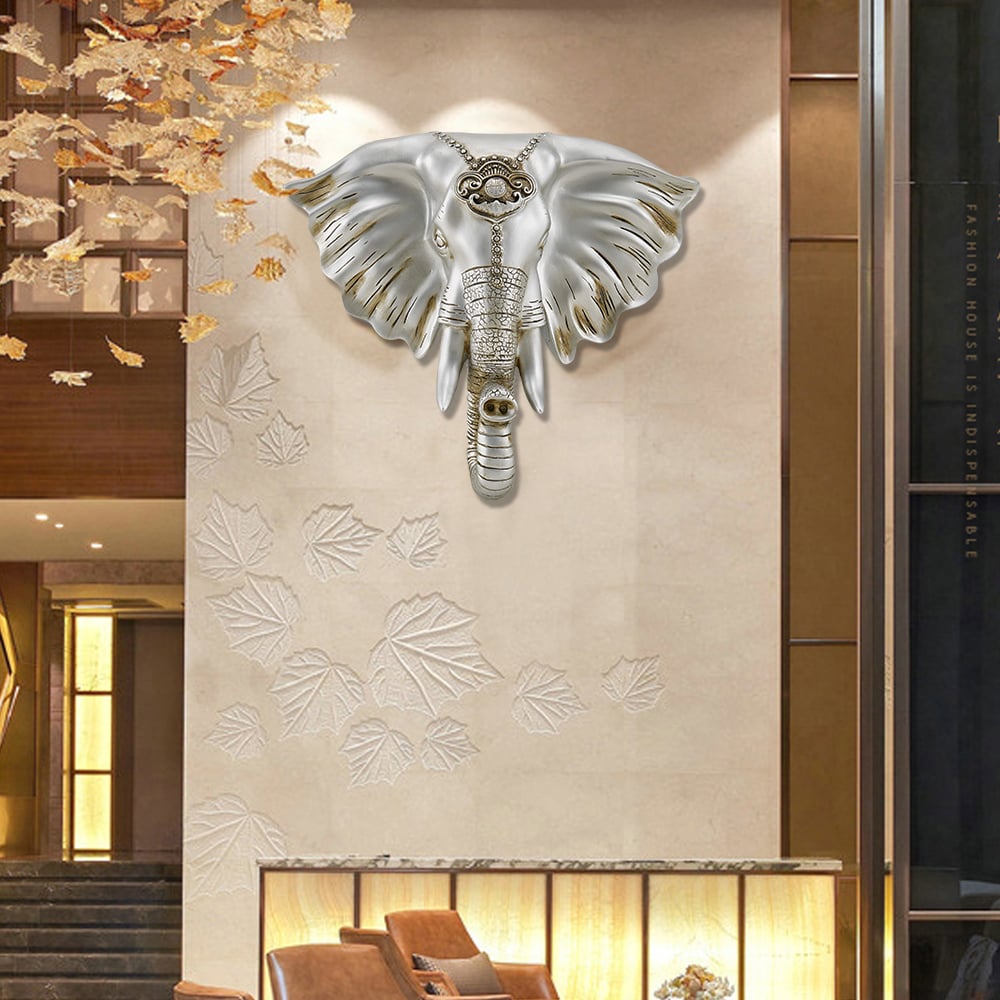 HMR - 3D Elephant Head Wall Decor Home Artificial Animal Hanging Art Living Room in Silver