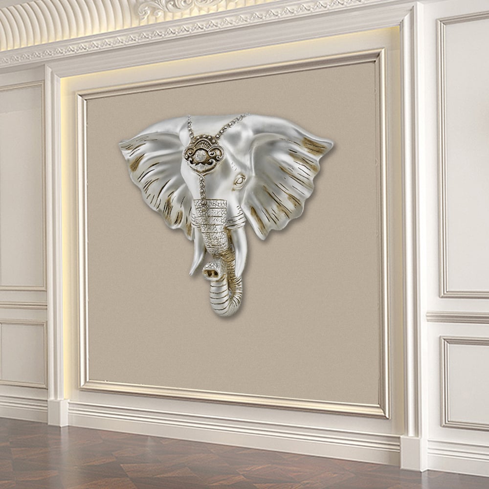 HMR - 3D Elephant Head Wall Decor Home Artificial Animal Hanging Art Living Room in Silver