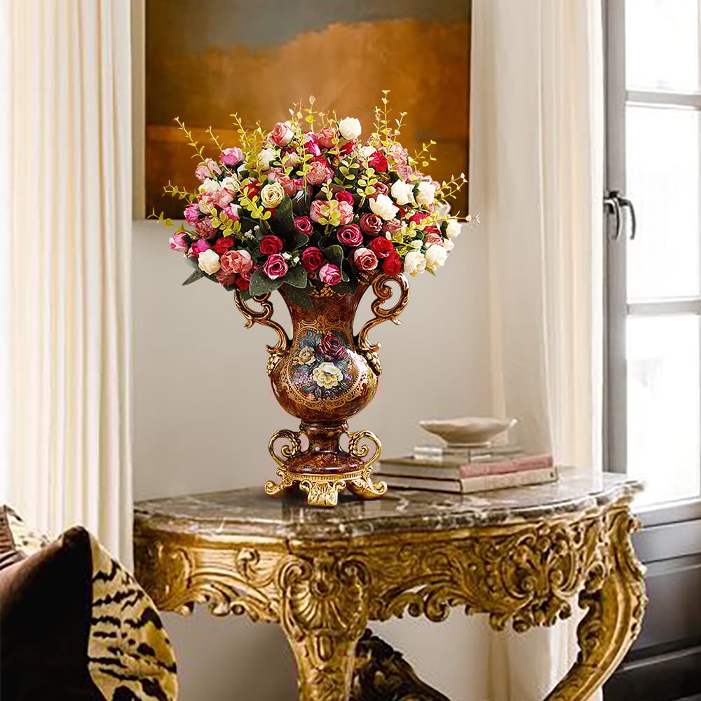 HMR - European Artificial Vintage Flower Arrangement Vase Set Golden Resin Vase Fake Flower