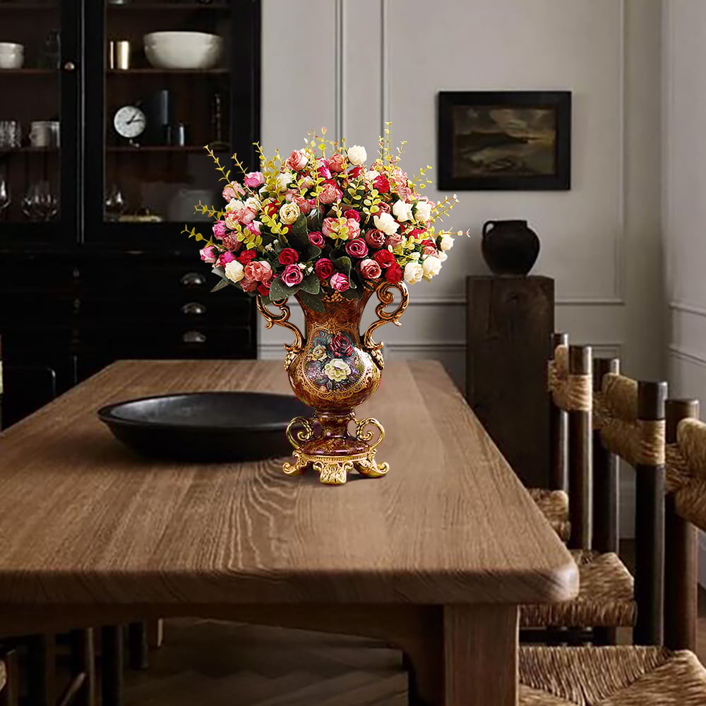 HMR - European Artificial Vintage Flower Arrangement Vase Set Golden Resin Vase Fake Flower